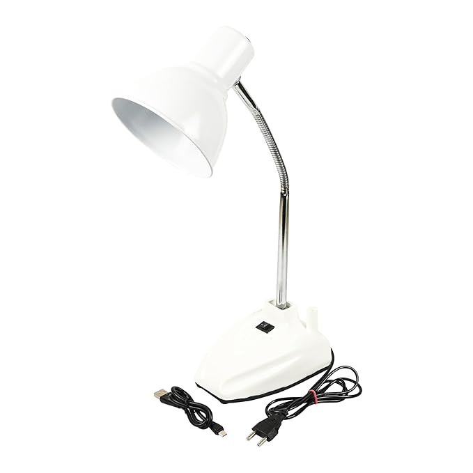 Lexton White Table Metal Desk Lamp for Studying & Reading | Portable Bedside Table Desk Light, Bulb Not Included (Cool Warm White) (Pack of 1,Metal)