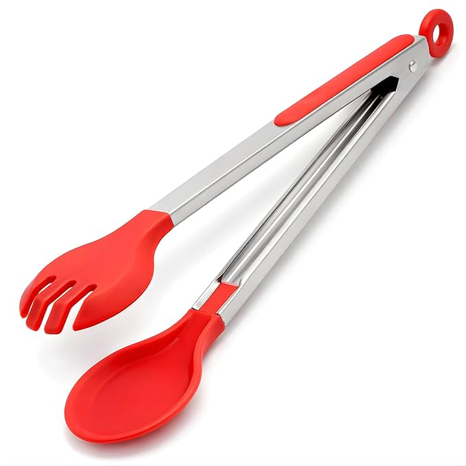 Silicone Kitchen Tongs 12 Inch | Stainless Steel Heavy Duty Food Tong for Cooking, Serving, BBQ & Air Fryer | Heat Resistant 250°C, BPA Free, Non-Stick Safe, Locking Grip (Red)