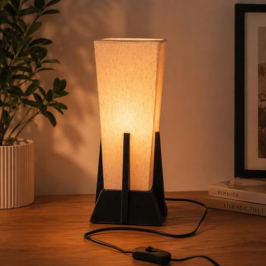 Lexton 14 Inch Wooden Pyramid Table Lamp with Textured Fabric Shade | Modern Bedside Lamp for Bedroom, Living Room & Study Table | Elegant Home Decor Lighting | Bulb Not Included