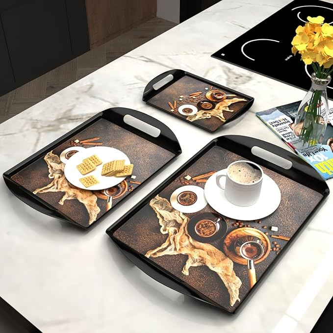 Melamine Trays Set of 3 with Handles for Serving Snacks or Tea A Designer Tray Medley for Home or Cafe Use (Black Ivory)Rectangular