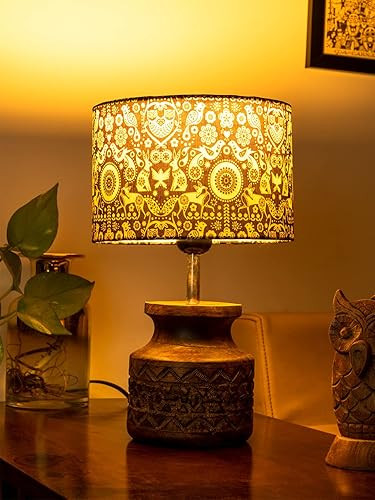 Wooden Carved Lamp with Indian Art Multicolor Shade| Reading Lamp | Home Decor Items | Bedside Wooden Table Lamp | Handcrafted Table Lamp