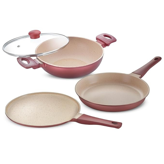 Prestige Omega Die Cast Aluminium Non-Stick Combo Cookware Set of 3-Omni Tawa 27cm, Fry Pan 24cm, Kadai 24cm with Glass Lid Maroon|3 Layer Easy Release Coating|Metal Spoon Friendly|1 Year Warranty