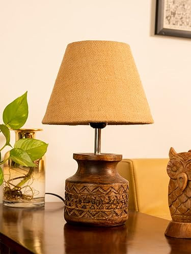 Wooden Carved Lamp with Indian Art Multicolor Shade (Jute Brown)