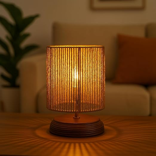 Wood Boho Raffia Incandescent Table Lamp I Night Lamp for Bedroom Bedside & Center Table Lamp for Restaurant I Office Desk Lamp I I Home Decor Items I Size 21.5 x 12.9 cm, Brown