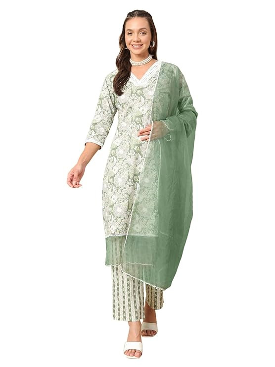 Women's Light Green Cotton Straight Kurta and Pant with Dupatta