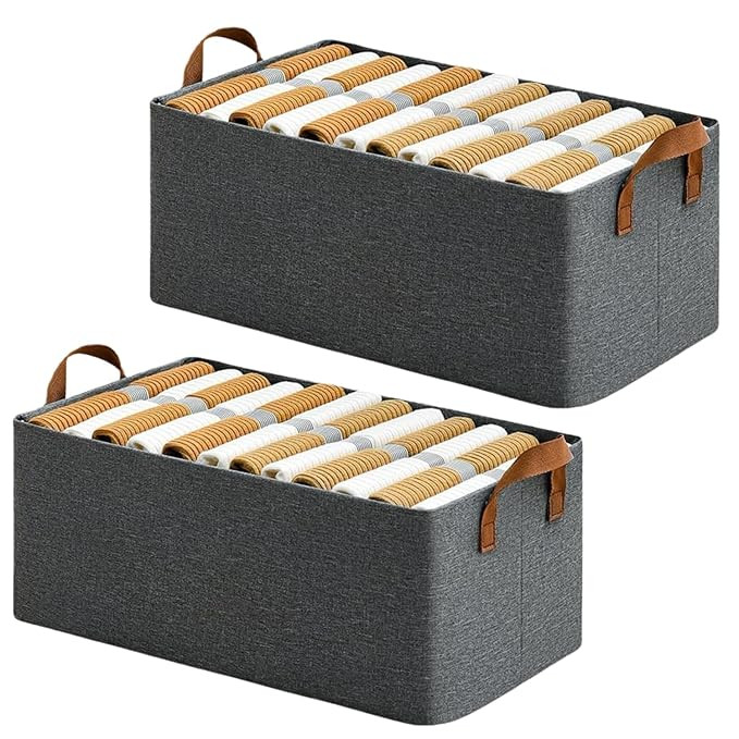 Pack of 2 Store Wardrobe Organizer For Clothes With Metal Frame Rectangle Storage Basket For Clothing Fabric Storage Box With Handles Shelf Basket For Clothes Pants Jeans Sweater (2)