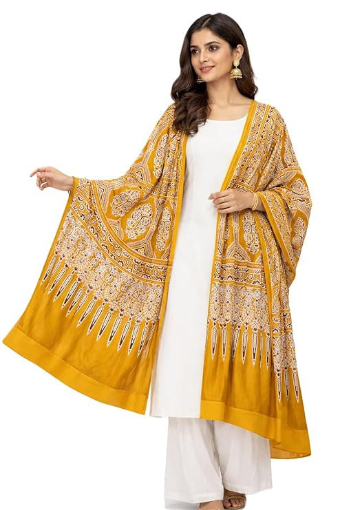 Women's Traditional Ajrakh Block Print Cotton Rayon Dupatta | Golden Geometric Pattern | Full 2.5 mtrs Long | Ideal for women's Ethnic, Casual, Navratri wear| (Golden, 2.25 mtr)
