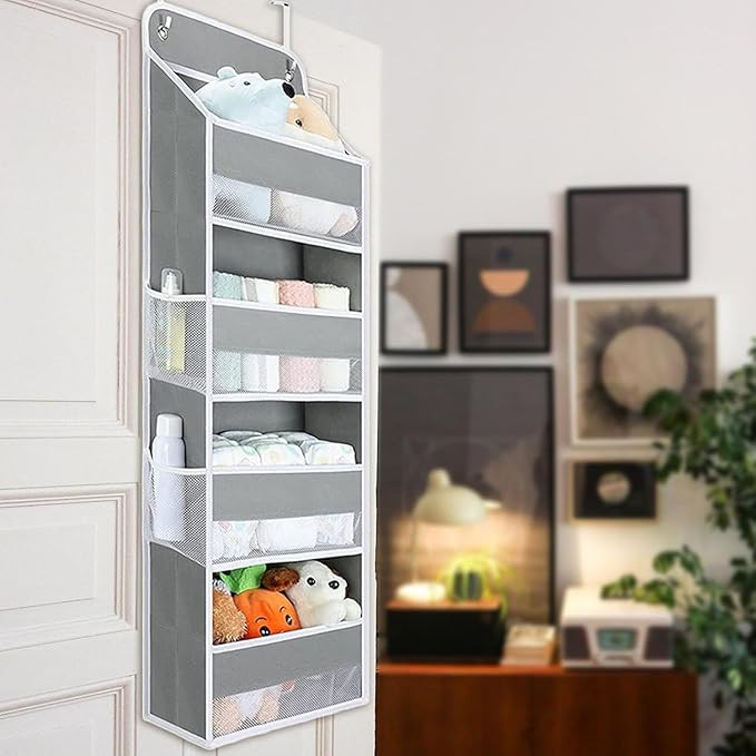 Over the Door Hanging Organizer - 4-Tier Fabric Storage with Mesh Pockets, Space-Saving Closet & Nursery Organizer for Baby Essentials, Diapers, Toys, Bathroom & Pantry - Durable & Foldable Design