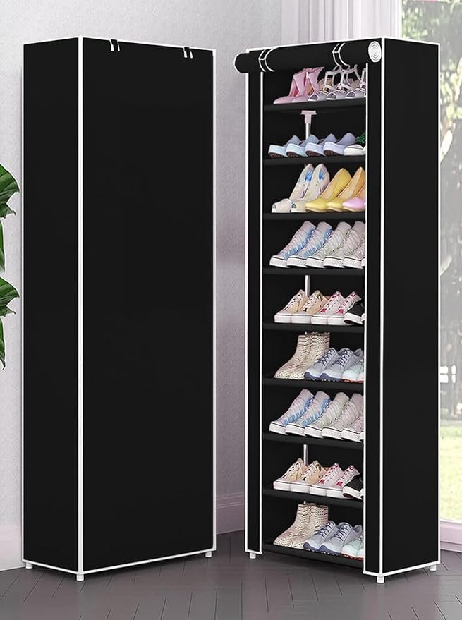 Shoe Rack for Home Non Woven Fabric - DIY Multipurpose Shoe Rack Organizer, 9-Layer Shoe Rack for Home -Shelf with Dustproof Door Entryway for Heels/Slippers/Boots (Black, 9-Layer)