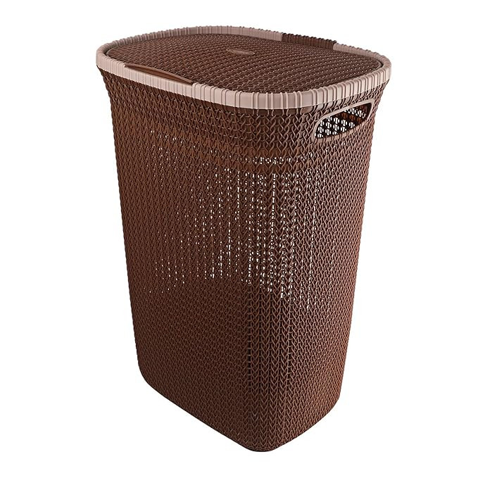 50L Laundry Basket with Lid. Lightweight portable plastic storage organizer for clothes, toys, books. Multipurpose hamper bin for home. Light Grey.