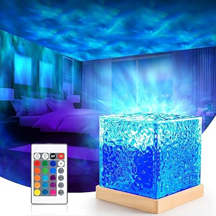 3D Ocean Wave Effect Night Light for Bedroom, 16 Colors Gradual Rotating LED Projection Lamp Projector, Crystal Table Lamp with Remote Control