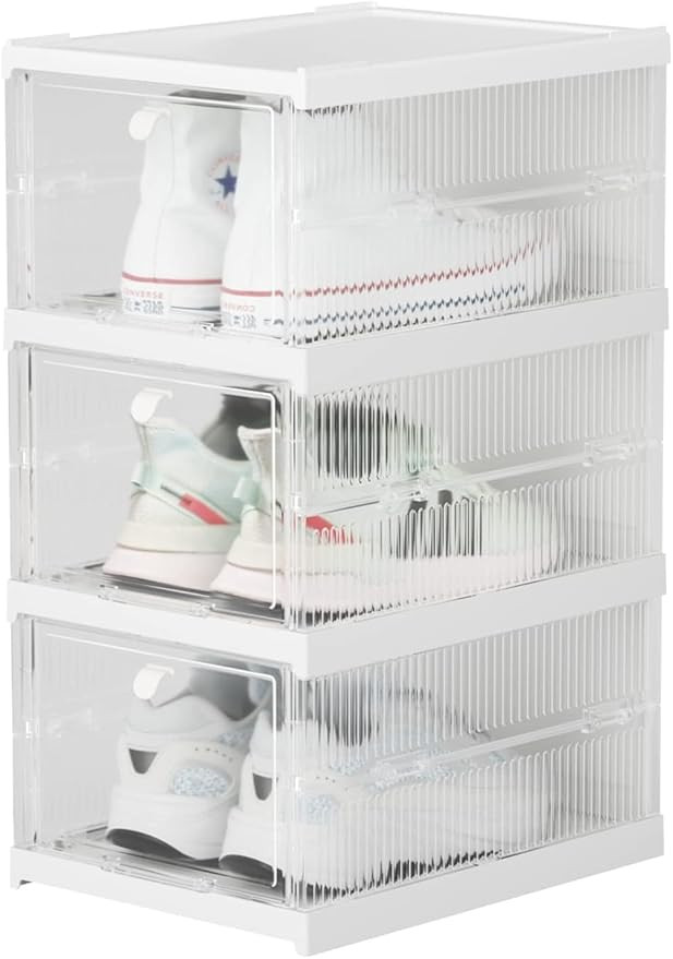 Plastic Storage Bins with Lids - Shoe Storage Shoe Organizer Shoe box Sneaker Storage Collapsible Stackable Storage Totes Storage Container for Organizing Foldable Storage Bins