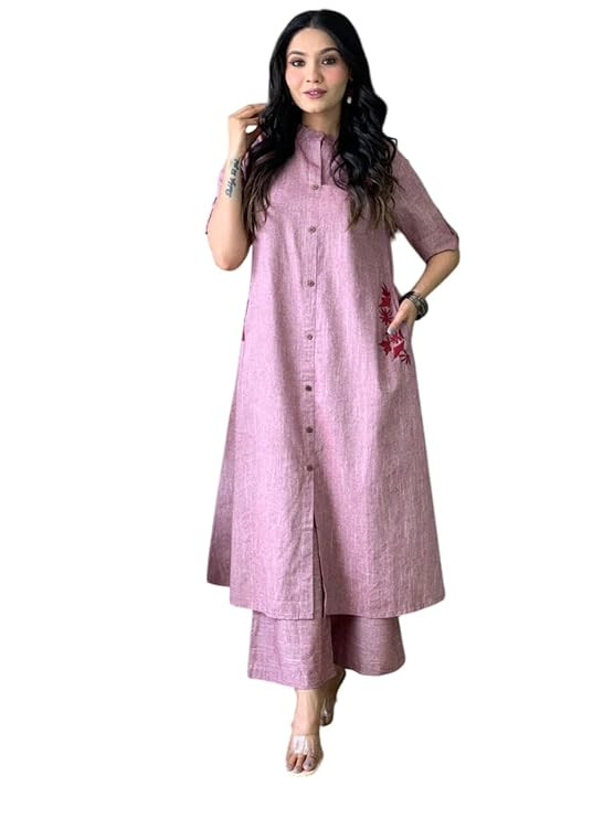 Women's Cotton Embroiderd Long A-Line Kurti with Palazzo