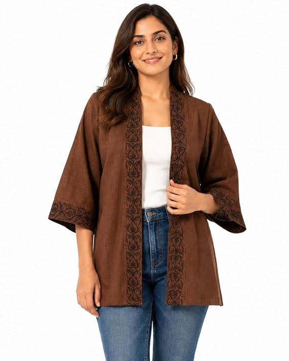 Women’s Hand Block Printed Cotton Linen Kimono Shrug | Open Front Short Kimono Jacket | Casual Ethnic Cover Up for Women | Free Size