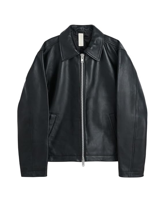 Black Leather Jacket for Men | Collared Zip-Up Classic Style | Crop Fit Racing Sports Bomber Jacket | Premium Leather Regular Fit Jacket for Casual & Biker Wear