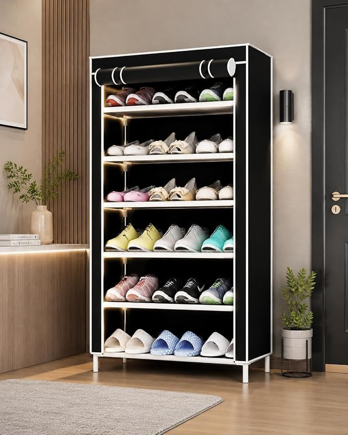 6 Layer Shoe Rack for Home | Portable & Foldable Shoe Organizer Stand | Dustproof Cover (PINK)