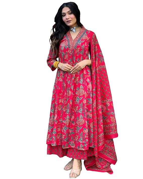 Women's Rayon Viscose Anarkali Printed Kurta with Palazzo & Dupatta
