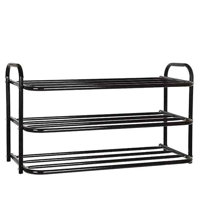 3 Tier Metal Shoe Rack Organizer Heavy Duty Stackable Shoe Storage Shelf Multipurpose Stand for Entryway Bedroom Closet Utility Space Saving Shoe Stand with Black Finish (Shoe Rack 3)