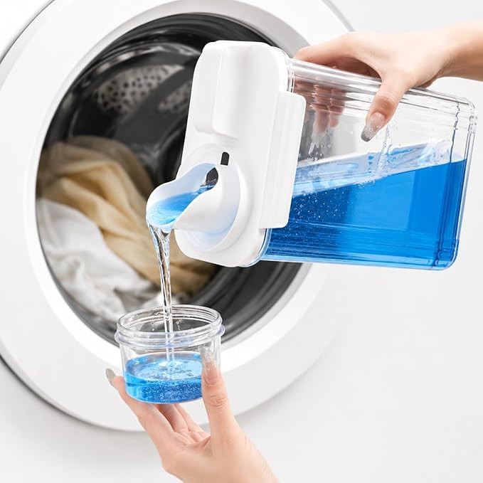 Laundry Detergent Dispenser Clear Washing Powder Container Airtight Storage Jar Liquid Organizer Measuring Cup Handle Moisture Proof Utility Room Bathroom Kitchen Grain Box (1800 ml)