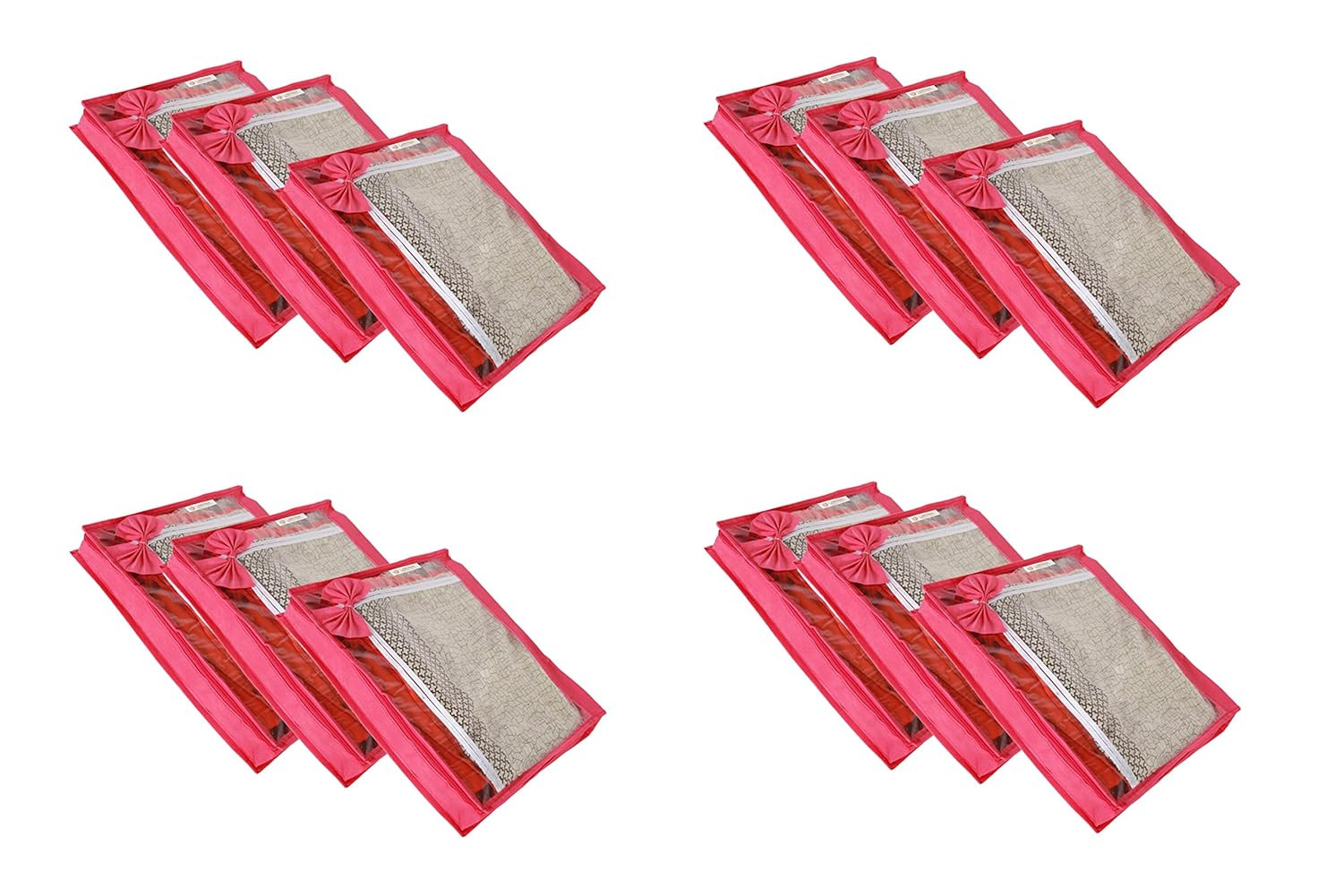KANUSHI® Industries Set of 12 Pc Flower Design Transparent Non Woven Saree Cover/Saree Cover Bags with Stainless Steel Zip Lock Combo (Pink)