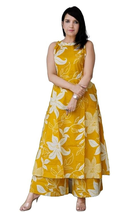 Women Pure Cotton Kurta Palazzo Set | Sleeveless Printed Kurta with Palazzo Pants | Summer Friendly, Office Wear Co-Ord Sets