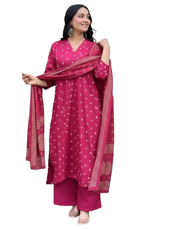 Women's Rayon Viscose Bandhani Printed Kurta and Palazzo Set with Dupatta | Stylish Ethnic Wear for Festive, Casual & Office