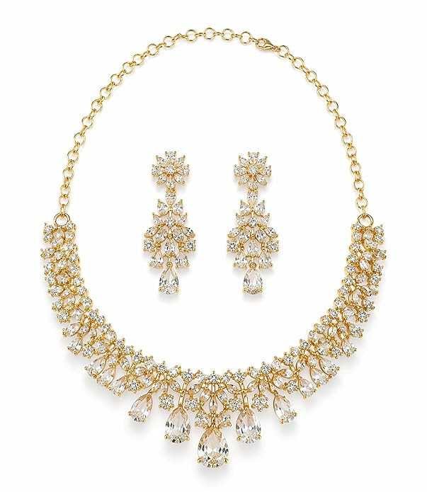 Gold Plated American Diamond Necklace Set for Women | Bridal Wedding Jewellery Set with Drop Design Earrings | Premium Party & Celebration Wear Jewellery
