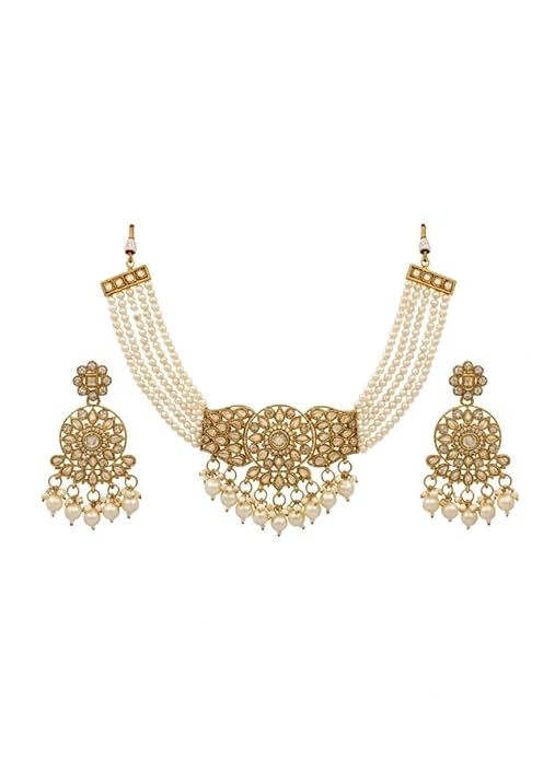 Traditional Pearl Choker Necklace Set with Gold-Plated Kundan Earrings, Indian Wedding Jewelry, White and Gold, Multi-Strand Design