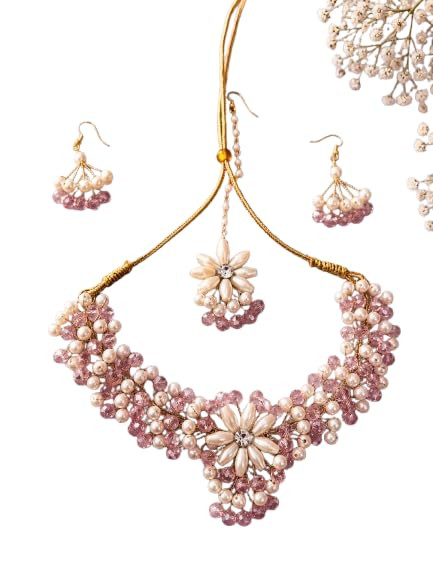 Pearl Floral Bridal Jewelry Set for Women – Gold Plated Necklace with Matching Earrings & Maang Tikka | Traditional Indian Wedding Jewelry Set for Brides, Festive, Party & Ethnic Occasions