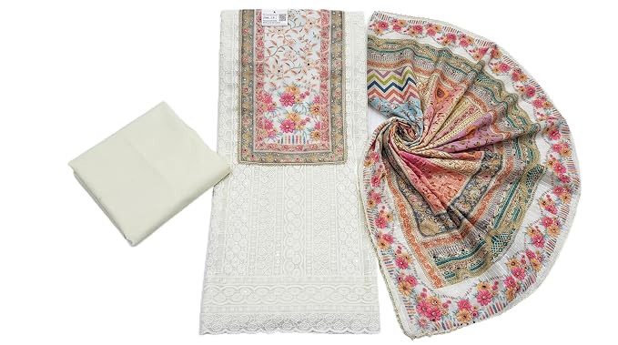Pakistani Unstitched Suit Georgette Shirt Chinon Dupatta | Embroidered Georgette, Floral Chinon Dupatta, Unstitched Fabric, Multicolour Floral Print, Mirror Work Detail