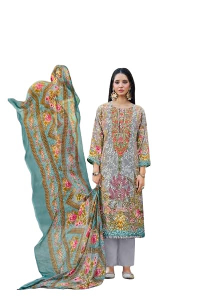 Unstitched Soft Cotton Printed Pakistani Suit Set with Embroidery on Neck, Top 2.5m, Bottom 2.3m, Dupatta 2.2m