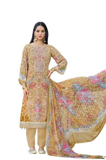 Unstitched Soft Cotton Printed Pakistani Suit Set, Yellow, Embroidered Neck, Top 2.5m, Bottom 2.3m with Dupatta 2.2m