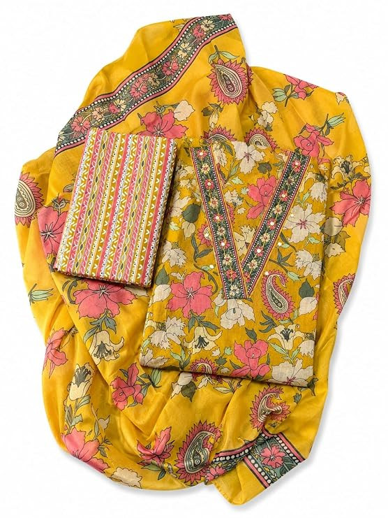Suits Cotton Unstitched Salwar Suit Material, Yellow, Floral and Paisley Print, 3-Piece Set with Dupatta, Unstiched Dress.