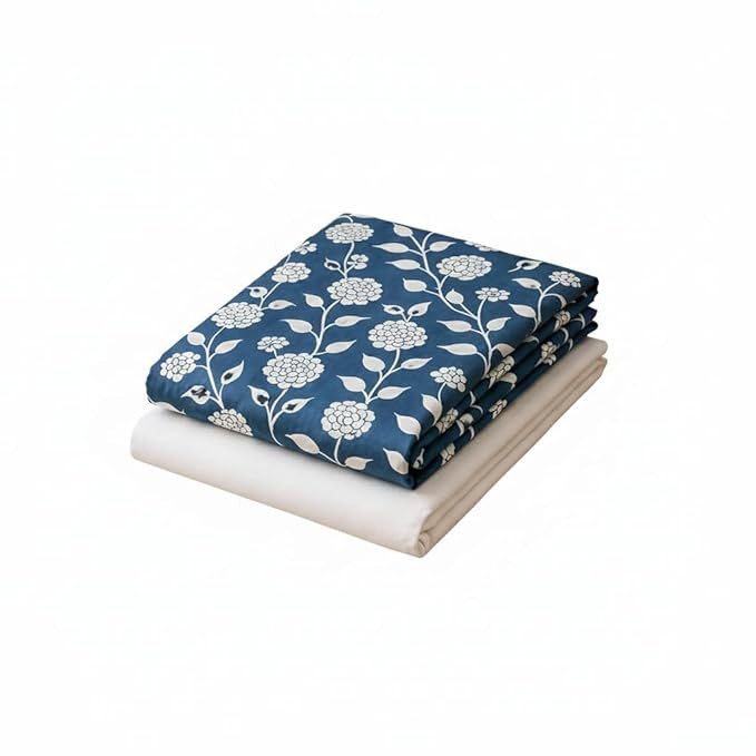 Dress Material Fabric, Teal Floral Print with White Base, Cotton Blend, 2 Piece Set