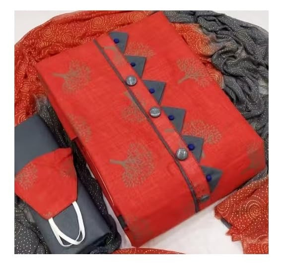 Cotton Slub Unstitched Salwar Suit Dress Material, Red, Printed, with Chinnon Dupatta