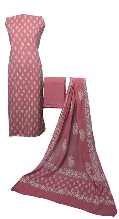 Pure Cotton Dyed, Printed Suit Fabric | Dress Fabrics Set for Salwar Kameez, Kurti, and Ethnic Wear | Soft & Comfortable Material for Tailoring | Elegant rustic peach pink