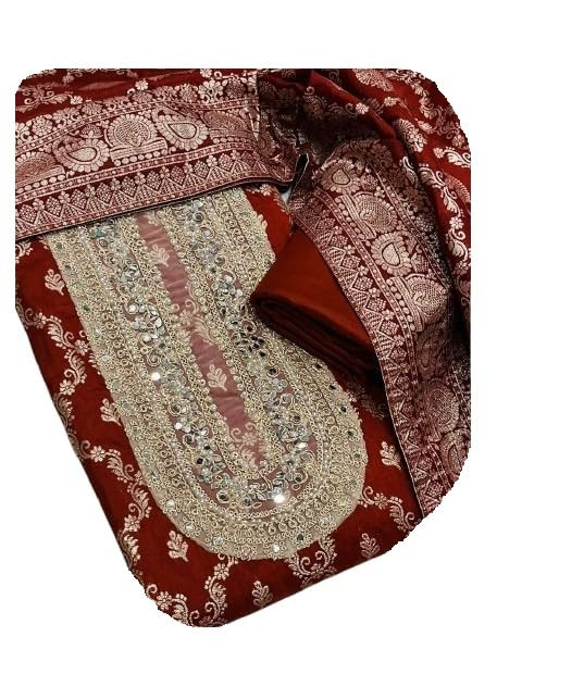 Maroon colour women Banarasi Silk Dress Material with Golden Zari Work,Traditional Indian Ethnic Fabric Set with Dupatta, Motif n mirror work on front yoke