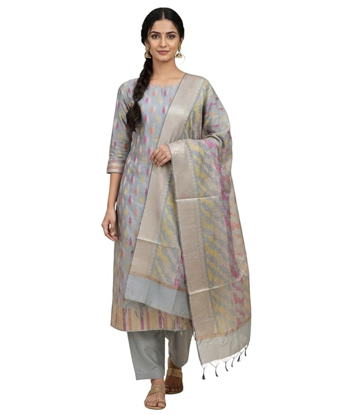 Banarasi Cotton Silk Unstitched Churidar Dress Material, multi resham Zari butti Weaving Design, 3 Piece Set with Salwar Kamiz Dupatta