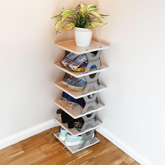 Shoe Rack for Home 6 Layer Foldable Stackable Plastic Shoe Organizer Shelf - Space Saving Adjustable Corner Shoe Stand with Multi Tier Storage for Entryway Bedroom Closet Use