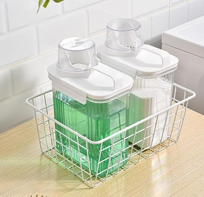1800ML Laundry Detergent Dispenser with Measuring Cup Airtight Washing Powder Storage Container Moisture Proof Liquid Detergent Organizer with Handle for Kitchen Bathroom Laundry Room Use (Pack of 2)
