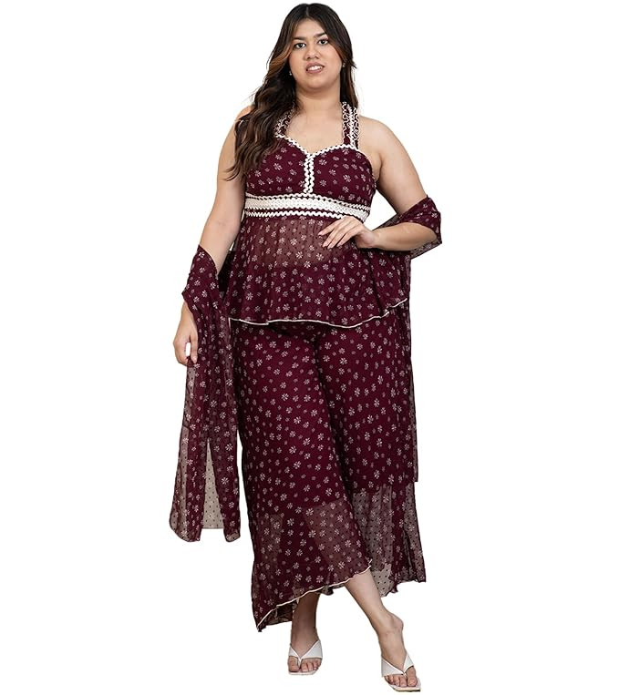 Floral Print Dobby Georgette Peplum Top & Circular Palazzo With Dupatta Indo Western Plus Size Co-Ord Set For Women's|Sweetheart Neck|Ladies Party Outfits Summer Collection Stylish Fusion Wear
