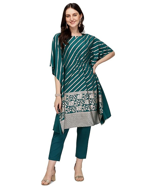 Women's Teal Blue Poly Crepe Kaftan Kurta with Pant SET0043