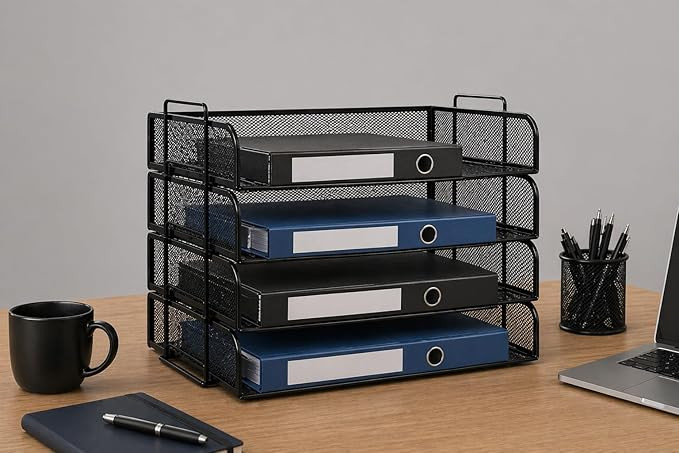 ProFile Mesh 4-Tier File Organizer for Desk, Stackable Metal Mesh Document & Paper Tray Organizer for Office Desk, Home, Study Table & Workspace