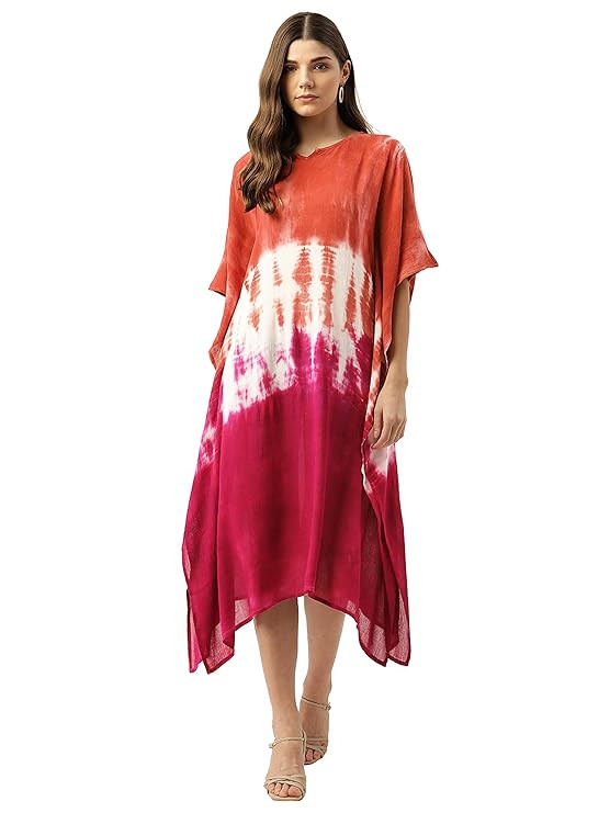 Women Handcrafted Tie & Dye Rayon Kaftan Dress | Casual Wear | Flowy Kaftan Style | Lightweight & Breathable Fabric