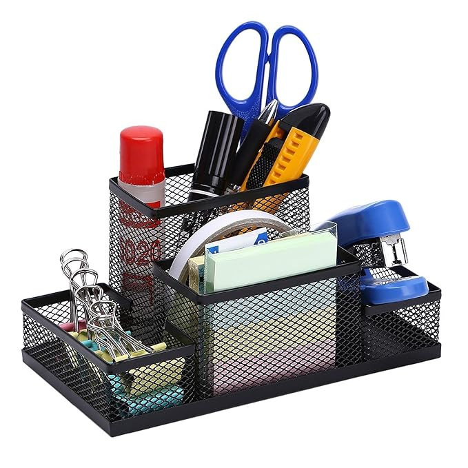 Desk Organizer Compartment Metal Mesh Stationery Accessories Storage Stand Caddy Pen, Pencil Holder for Office, Home, and Study Table Supplies Gift | Color-Black | (Dask Organiser-4 Drawer)