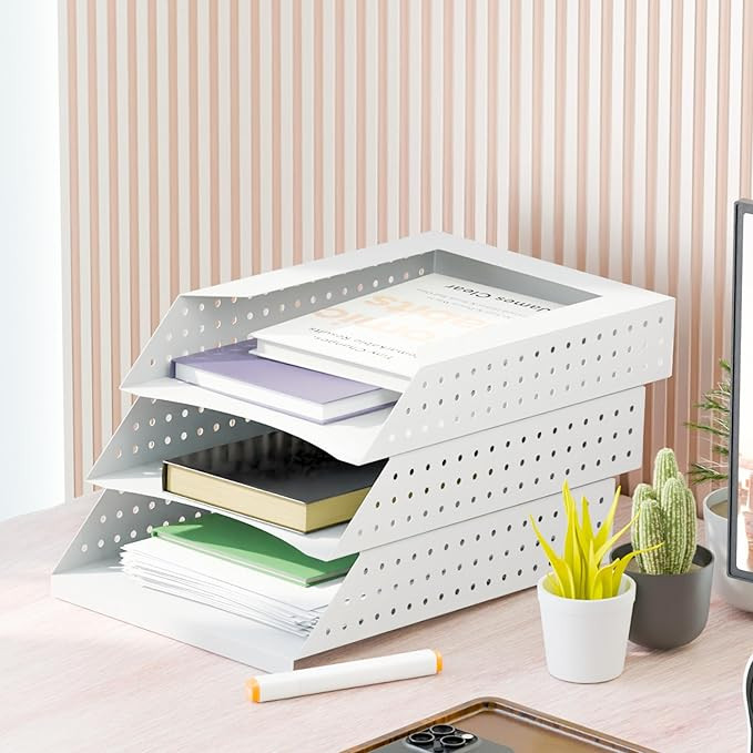 3 - Tier Metal File Organizer for Office Desk Holder, Document File Sorter, A4 Paper, Letter Tray, 3 Compartments Dividers - Space-Saving Office & Home Paper Storage-White
