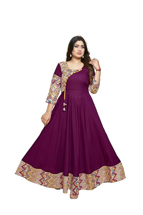 Patched Work Rayon Long Anarkali Wine Colour Kurti