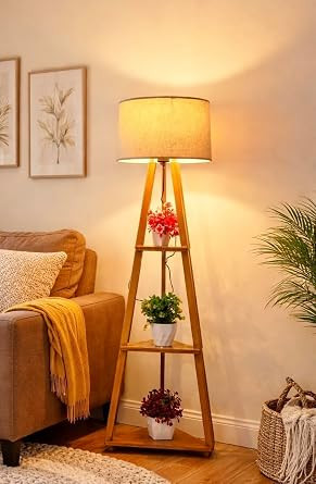 Wooden Tripod Floor Lamp with 3 Shelves, Modern Standing Lamp with Fabric Shade, Decorative Shelf Floor Lamp for Living Room, Bedroom & Home Décor..