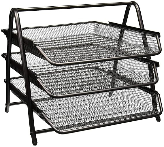 3-Tier Mesh Metal Desk Organiser File Rack | A4 Letter Tray Document Holder | 3 Layer Metal File Paper Magazine Organizer for Office Home Desktop (Black)