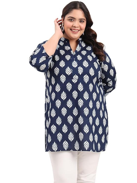 Women's Plus Size Indigo Leaf Printed Pure Cotton Kurti